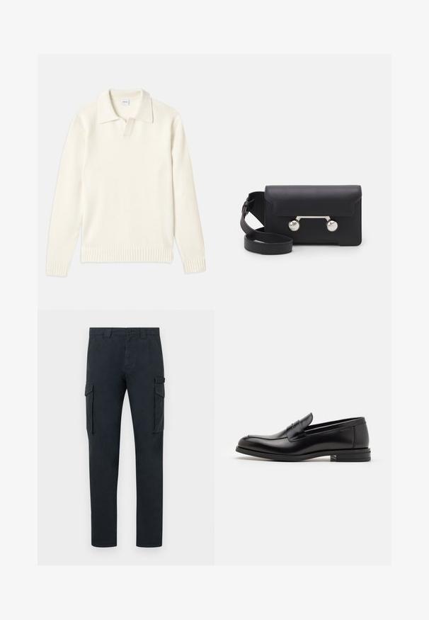 Cream-colored knit sweater with a polo collar, ribbed cuffs, and hem, featuring a front placket and soft texture.; Cargo pants in dark navy, made of cotton. Features two side pockets with flaps, a zip fly, and a straight-leg cut. Smooth texture.; Black leather loafers with a smooth texture, rounded toe, and a decorative strap across the vamp. Low stacked heel, minimalist design.; Black leather crossbody bag with a flap closure, silver-tone hardware, and two round accents. Features a detachable strap. Smooth texture.