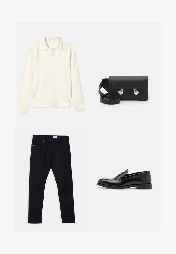 Krém színű kötött pulóver, póló gallérral, bordás mandzsettákkal és szegéllyel, elülső gomboló pánttal és puha tapintással.; Fekete farmernadrág, slim fit szabású, öt zsebes kialakítással és fém kiegészítőkkel. A hátulján bőr címke található.; Fekete bőr loaferek sima textúrával, kerek orral és dekoratív pánttal a vampnál. Alacsony, rétegelt sarkú, minimalista dizájn.; Fekete bőr keresztpántos táska hajtókával, ezüst színű kiegészítőkkel és két kerek díszítéssel. Levehető pánttal rendelkezik. Simább textúrájú.