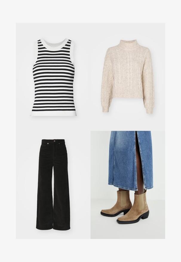 Krémový zkrácený svetr s vysokým límcem, obsahující texturovaný kabelkový vzor a dlouhé, mírně nadýchané rukávy.; Žebrovaný pletený bezrukávový top s černobílými horizontálními pruhy, kulatým výstřihem a přiléhavým střihem.; Černé kordové kalhoty širokého střihu s vysokým pasem, obsahující dvě přední kapsy a kovové zapínání na knoflík. Texturovaná tkanina s vertikálními pruhy.; Semišové kotníkové boty v odstínu tan s elastickými postranními panely a černým blokovým podpatkem. Nášlapy s lehce modrou džínovou sukní s postranním rozparkem.