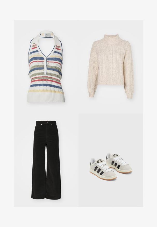 Kreemivalge lühike sviiter kõrge kaelusega, millel on tekstuuriga nöörkoe muster ja pikad, veidi puhvsooned varrukad.; Valge kudum ilma varrukateta särk, millel on krae ja mitmevärvilised horisontaalsed triibud sinises, punases, rohelises ja kollases.; Mustardid mustad laiad püksid kõrge vöökoht, millel on kaks eesmist taskut ja metall-nupuga sulgemine. Tekstuuriga kangas koos vertikaalsete vöönditega.; Hallid hallid nahkrennid valgete paeltega, mustade triipudega ja valge kummitaldiga. Omab ümmargust logo keeles ja kummitalda.