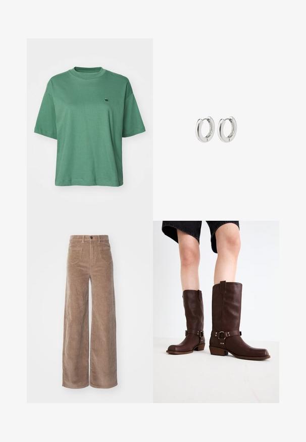 Cremefarvet cropped sweater med høj hals, der har et tekstureret kabelstrikket mønster og lange, let puffede ærmer.; Carhartt WIP CHESTER - T-shirts basic - duck green; ONLY HOPE GLOBAL HW EBBA POCKETS - Bukser - fossil; Brune læder knæhøje støvler med rund tå, struktureret overflade, ankelrem og sølvhardware detaljer; stablet hæl.; Sølv hoops øreringe med en poleret finish, der har et cirkulært design og sømløse hængsler, hvilket giver en glat tekstur.