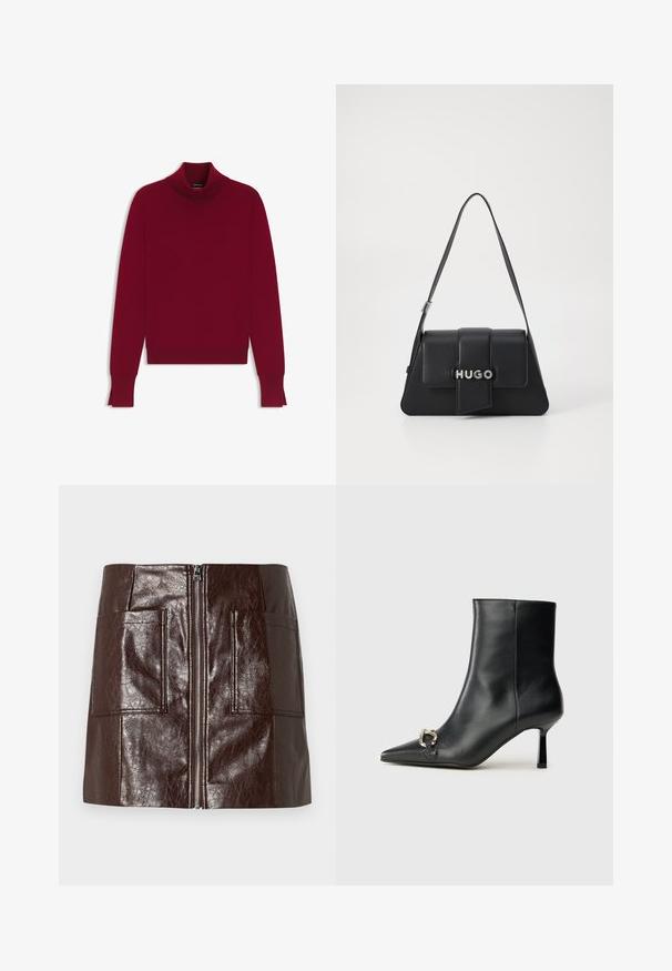 Maglione a collo alto color bordeaux; materiale in maglia morbido, design aderente, maniche lunghe con fessure laterali all'orlo, texture liscia, dettagli minimi.; Mini gonna in finta pelle marrone con zip frontale, due grandi tasche anteriori e una texture liscia e lucida.; Stivale alla caviglia in pelle nera con punta affusolata, tacco sottile di media altezza e dettaglio in fibbia argentata sul lato, su sfondo semplice.; Borsa a tracolla in pelle nera dalla forma triangolare, con patta frontale, dettagli in argento e logo impresso "HUGO". Manico singolo.