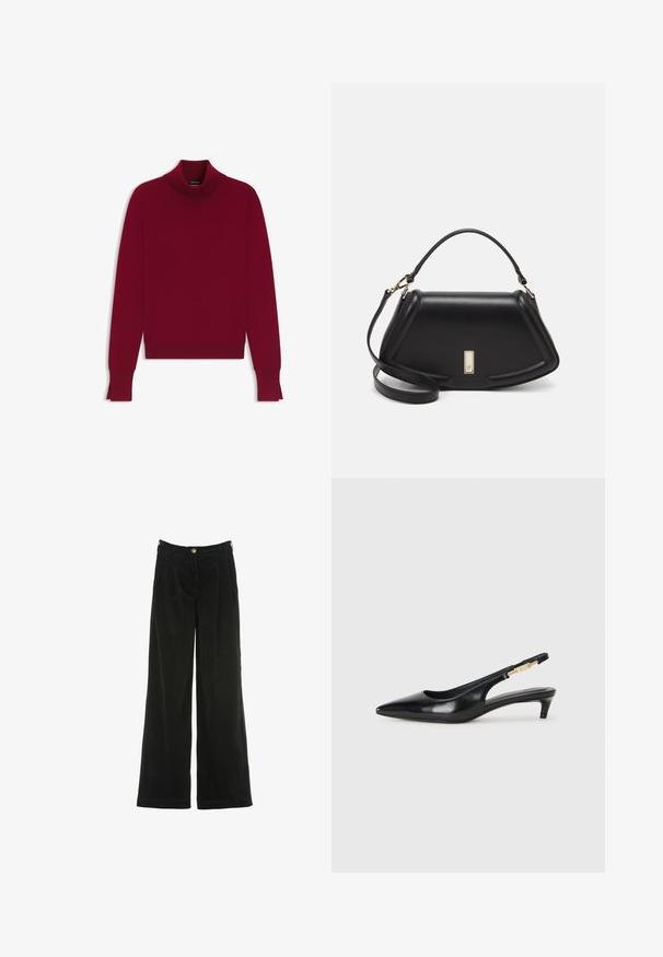 Burgundowy sweter z golfem; miękki materiał dziewiarski, dopasowany krój, długie rękawy z bocznymi rozcięciami przy dolnym brzegu, gładka faktura, minimalne detale.; Czarne chinosy z szerokimi nogawkami wykonane z kordurowej tkaniny, z zakładkami, z zapięciem na złoty guzik i teksturowaną powierzchnią. Niewidoczne kieszenie.; Czarne skórzane szpilki typu slingback z ostrym noskiem, posiadające smukły obcas i złoty akcent na regulowanym pasku. Gładka tekstura.; Czarna skórzana torebka o strukturalnym designie, z przyciętą formą, górnym uchwytem i złotymi akcentami. W zestawie regulowany pasek na ramię.