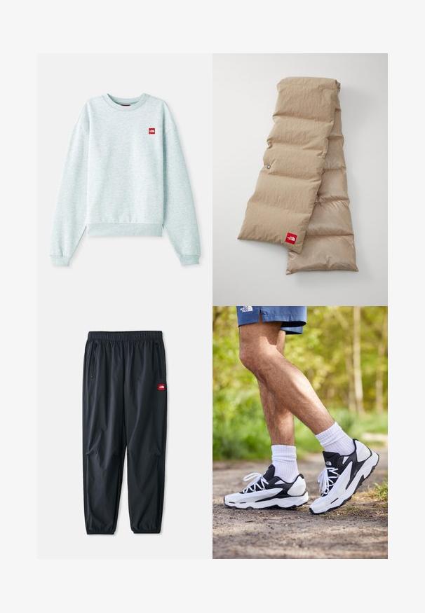 Błękitny sweatshirt z miękkiej, teksturowanej tkaniny. Posiada żeberkowy dekolt w kształcie łódki i mankiety, a na piersi znajduje się mała naszywka z czerwonym logo.; Jasnozielona koszulka z krótkim rękawem, wykonana z miękkiej bawełny, z małą czerwoną metką z logo na lewej części klatki piersiowej. Luźny krój i okrągły dekolt.; Czarne lekkie spodnie wykonane z materiału syntetycznego, z elastycznym pasem, kieszeniami bocznymi na zamek oraz małą czerwoną naszywką z logo.; Czarno-białe buty sportowe z siateczkową cholewką, teksturowanymi akcentami i białymi sznurówkami. Noszone z białymi skarpetkami do kostek i granatowymi szortami na ścieżce.; Beżowy szalik puchowy o teksturowanej powierzchni, składający się z wypełnionych sekcji, z czerwoną metką logo na dolnej krawędzi.