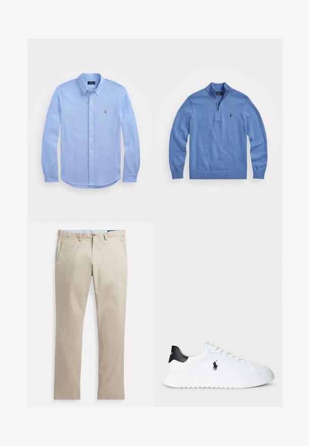 Vaaleansininen neulepusero, jossa on korkea kaulus, neljännesvetoketju, ribatut hihansuut ja helma, ja vasemmassa rinnassa pieni logo.; Vaaleansininen pitkähihaisuus nappikauluspaita, joka on valmistettu pehmeästä puuvillasta, sisältää klassisen kauluksen ja pienen brodeeratun logon rinnassa.; Beigenväriset puuvillaiset chinot, joissa on sileä pinta, sivu- ja takataskut, napillinen sulkeminen ja suora lahjekuvio.; Valkoiset matalat tennarit, joissa musta kantapää ja musta Polo Ralph Lauren -logo sivulla, varustettuna valkoisilla nauhoilla ja paksulla kumipohjalla.