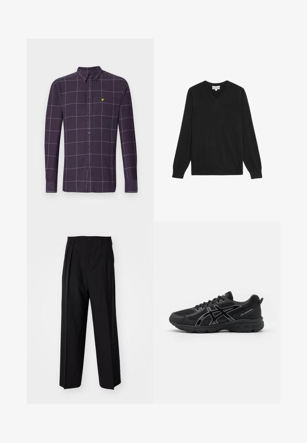 Maglione nero a scollo a V realizzato in un materiale morbido e liscio. Presenta maniche lunghe e polsini e orlo a costine per un aspetto elegante.; Camicia a maniche lunghe con bottoni di colore viola scuro, con un motivo a griglia bianco e grigio. Presenta un piccolo emblema verde sulla tasca del petto.; Pantaloni neri a pieghe con un design dritto e gamba larga. Realizzati in tessuto morbido, con chiusura a bottone e passanti per cintura.; Scarpe sportive nere con tomaia in rete, accenti sintetici, dettagli riflettenti, suola ammortizzata e battistrada testurizzato per la presa.