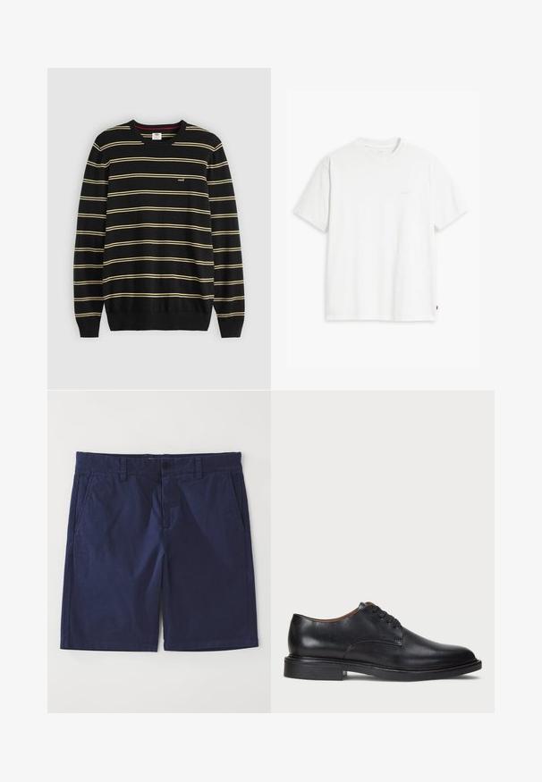 Sort sweater med vandrette gule striber, ribbet rund halsudskæring og manchetter; lille logo på venstre bryst.; Hvid bomulds T-shirt med korte ærmer, rund hals og en diskret Levi's logo trykt i midten. Blød tekstur og standard pasform.; Mørkeblå bomulds shorts med lige snit, med bæltestropper, lukning med knap foran og to sidelommer. Glat tekstur.; Sorte læder dress sko med rund tå, snørelukning og en lav stablet hæl. Glat tekstur med minimale syningsdetaljer.