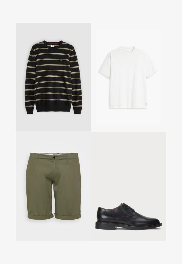 Maglione nero con strisce orizzontali gialle, colletto a girocollo ribattuto e maniche a polsino; piccolo logo sul lato sinistro del petto.; T-shirt bianca in cotone con maniche corte, colletto tondo e logo Levi's discreto stampato al centro. Texture morbida e vestibilità standard.; Pantaloni shorts verde oliva con una texture liscia, orli arrotolati, bottone in vita anteriore e tasche laterali. Design semplice e sartoriale per un abbigliamento casual.; Scarpa da uomo in pelle nera con punta rotonda, design con lacci e tacco basso impilato. Texture liscia con dettagli di cucitura minimi.