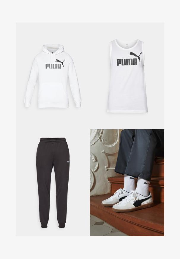 Biała bluza z kapturem z kangurzą kieszenią, z dużym czarnym logo "PUMA" oraz sylwetką pumy z przodu. Miękka faktura materiału.; Biała bawełniana koszulka na ramiączkach z dużym czarnym logo "PUMA" oraz emblematem skaczącego pumy. Okrągły dekolt i bezrękawnik.; Czarne dresy z miękkiego materiału, z elastycznym paskiem w talii, ściągaczami przy kostkach oraz subtelnym logo na lewej udzie.; Sneakers Puma w białym i czarnym zamszu, z brązową gumową podeszwą. W połączeniu z białymi skarpetkami z czarnym logo, noszone z ciemnymi spodniami.