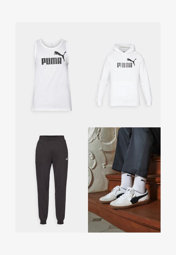 Vit hoodie med en känguruficka, prydd med en stor svart "PUMA"-logotyp och en puma-siluett på framsidan. Mjuk tygkvalitet.; Vit bomullstopp med ett stort svart "PUMA"-logotyp och ett emblem av en hoppande puma. Rund halsringning och ärmlös design.; Svarta joggare i mjukt material, med elastisk midja, avslutade anklar och en diskret logotyp på vänster lår.; Puma-sneakers i vit och svart mocka, med en brun gummisula. Kombinerade med vita strumpor som visar upp en svart logotyp, bärs tillsammans med mörka byxor.