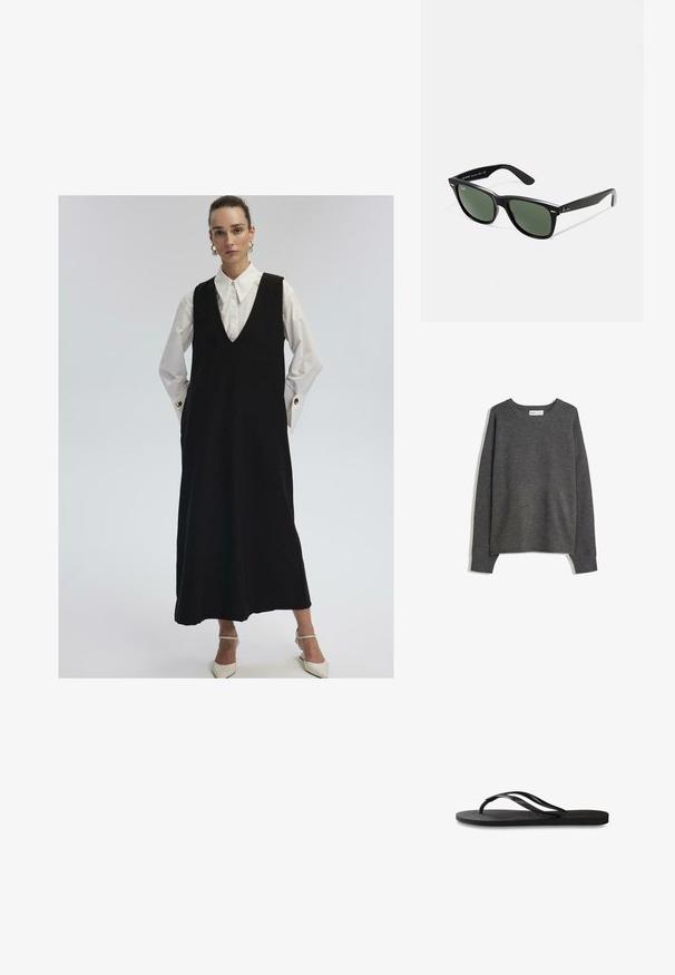Grauer Strickpullover mit weitem Ausschnitt, langen Ärmeln und gerippten Bündchen. Der Stoff wirkt weich mit einer leichten Textur und bequemer Passform.; Frau in einem langen schwarzen ärmellosen Kleid über einem weißen Hemd mit großen Manschetten und goldenen Knöpfen, kombiniert mit weißen spitzen Absätzen.; Ein schlichtes weißes Langarmshirt mit Rundhalsausschnitt liegt flach auf einem hellgrauen Hintergrund, wobei die Etiketten am Kragen sichtbar sind.; Schwarze Flip-Flops mit einer strukturierten Gummisohle, zwei schlanken Riemen und einem dezenten, geprägten Logo-Detail auf dem Riemen.; Schwarze Plastiksonnenbrille mit grünen Gläsern, quadratischen Rahmen, silbernem Akzent auf der Augenbraue und strukturierten Bügeln. Angegebene Marke auf dem inneren Bügel.; Liebeskind Berlin KAYLA SATCHEL - Handtasche - schwarz