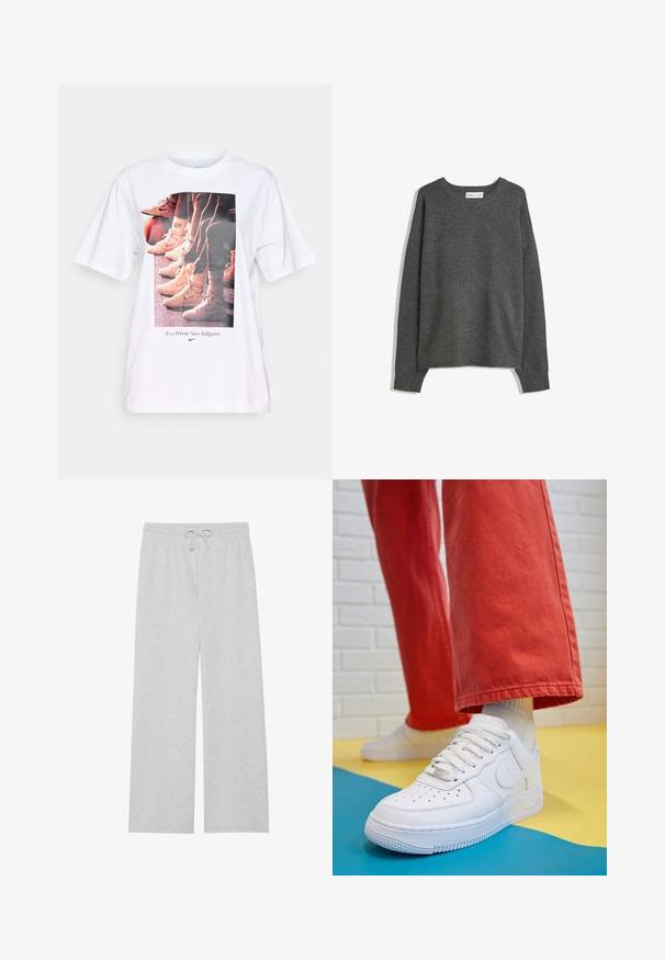 Pulover gri tricotat cu decolteu larg, mâneci lungi și tivuri ribbate. Materialul pare moale, cu o ușoară textură și o croială lejeră.; Tricou alb cu un imprimat grafic al pantofilor de baschet și textul "E o cu totul altă meci" în albastru, guler rotund, mâneci scurte.; Pantaloni de trening gri deschis dintr-un amestec moale de bumbac, cu un design cu picior larg, talie elastică cu șnur reglabil și fără buzunare.; Tenis alb din piele cu fanta pe vârful piciorului, talpă texturată și șireturi albe, purtat cu pantaloni larga roșii și un fundal albastru și galben.