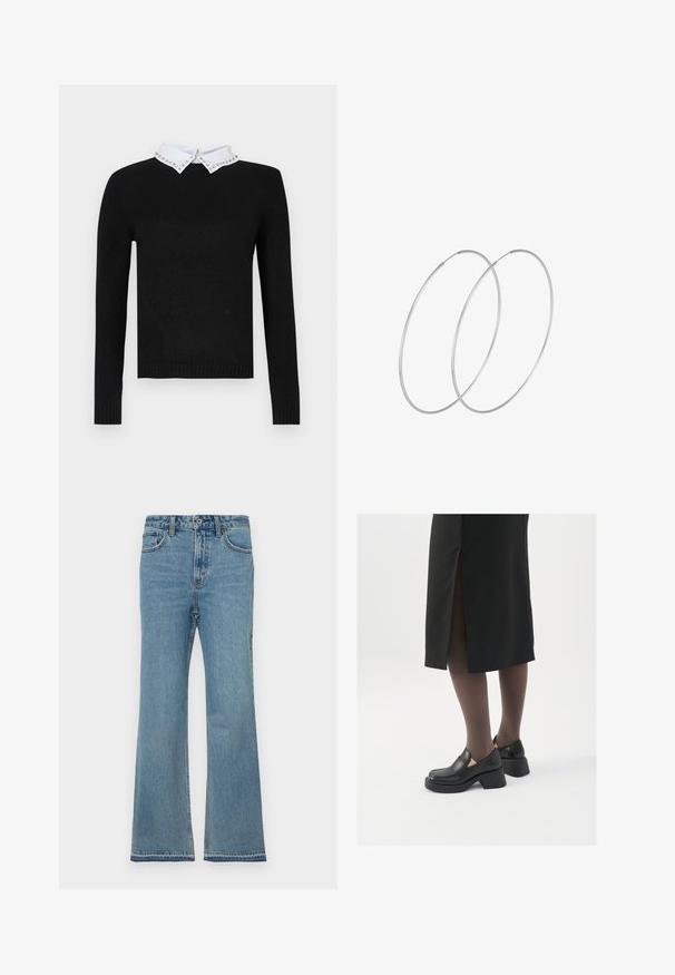 Maglione nero con maniche lunghe e colletto bianco decorato con accenti di gioielli. Polsini e orlo a coste, realizzato in morbido materiale a maglia.; Jeans flare in denim azzurro chiaro con vita alta, design a cinque tasche, lieve scoloritura e dettagli cuciti lungo le cuciture.; Scarpe in pelle nera con punta arrotondata, tacco spesso a blocco e accenti laterali in elastico, abbinate a collant scuri e una gonna nera con uno spacco.; Orecchini a cerchio in argento con un design minimalista. Forma circolare, superficie liscia e profilo sottile. Leggeri con una finitura lucida.