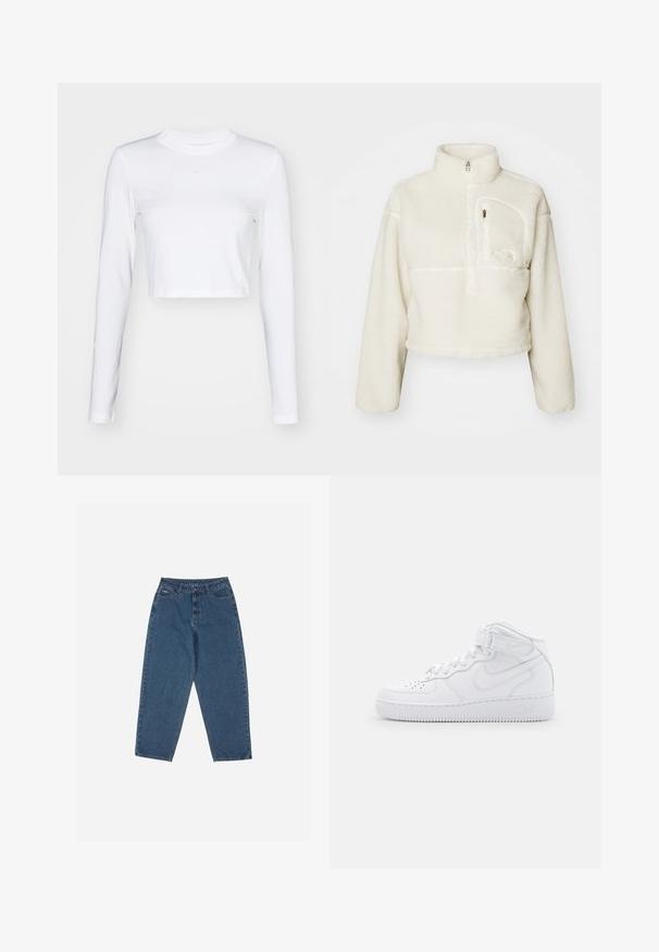 Sudadera blanca de felpa recortada para mujer con cuello alto, media cremallera y bolsillo con cremallera en el lado izquierdo del pecho.; Nike Sportswear Camiseta de manga larga - white; Vaqueros de denim azul con un corte relajado, cintura alta, diseño de cinco bolsillos y acentos de costura. Cuenta con un cierre de botón y cremallera.; Zapatillas altas blancas de cuero con cuello acolchado, puntera perforada, cordones y correa ajustable en el tobillo; logo en el lado.