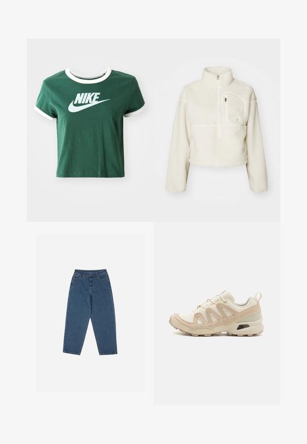 Sudadera blanca de felpa recortada para mujer con cuello alto, media cremallera y bolsillo con cremallera en el lado izquierdo del pecho.; Camiseta de algodón verde con detalles en blanco, mangas cortas y cuello acanalado. Presenta un gran logo blanco de Nike en el frente.; Vaqueros de denim azul con un corte relajado, cintura alta, diseño de cinco bolsillos y acentos de costura. Cuenta con un cierre de botón y cremallera.; Zapatilla deportiva beige y crema con parte superior de malla texturizada, superposiciones de soporte y suela de goma con un patrón de tracción.