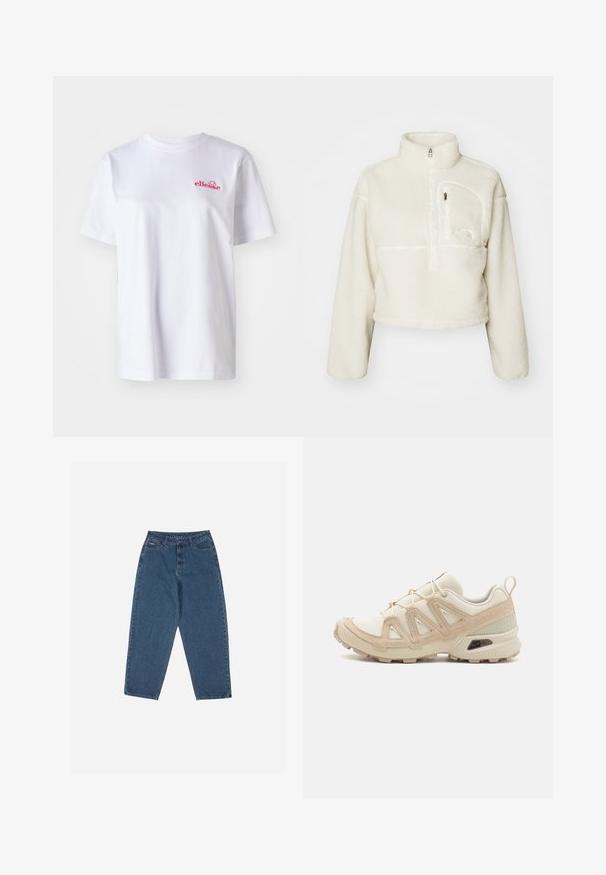 Sudadera blanca de felpa recortada para mujer con cuello alto, media cremallera y bolsillo con cremallera en el lado izquierdo del pecho.; Camiseta blanca de algodón con cuello redondo y mangas cortas. Presenta un pequeño logotipo bordado en rosa en el lado izquierdo del pecho.; Vaqueros de denim azul con un corte relajado, cintura alta, diseño de cinco bolsillos y acentos de costura. Cuenta con un cierre de botón y cremallera.; Zapatilla deportiva beige y crema con parte superior de malla texturizada, superposiciones de soporte y suela de goma con un patrón de tracción.