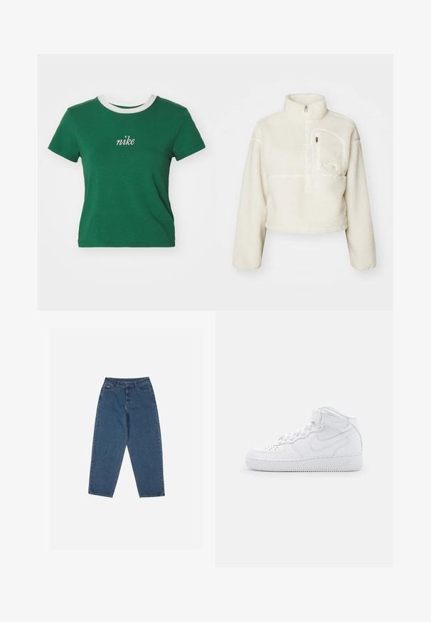 Sieviešu iecirsts balts vilnas puloveris ar augstu apkakli, pusē ar rāvējslēdzēju un rāvējslēdzēja krūšu kabatu kreisajā pusē.; Nike Sportswear Apdrukāts T-krekls - gorge green/lorewood; Zilā džinsu auduma bikses ar brīvu piegriezumu, augstu jostasvietu, piecu kabatu dizainu un šuvju akcentiem. Iekļauts pogu un rāvējslēdzēja aizdare.; Balti augstie sporta apavi, izgatavoti no ādas, ar mīkstu apkakli, perforētu pirkstu daļu, auklām un regulējamu potīšu siksnu; ar logotipu sānos.