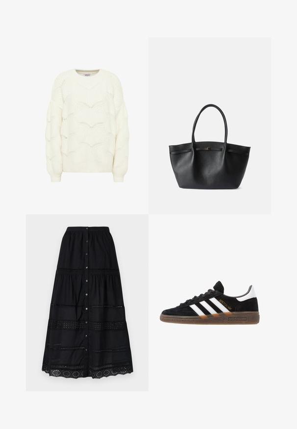 Krém színű kötött pulóver, textúrált hullám mintával. Kerek nyakkivágással és hosszú ujjakkal rendelkezik, bordás mandzsettákkal.; Fekete, gombos szoknya, réteges kialakítással, csipkehímzéssel és texturált anyaggal. Ezüstgombok találhatók az elején.; Fekete Adidas sneaker fehér csíkokkal, arany "Spezial" felirattal, gumitalppal és fehér saroktabbal, profil nézetben bemutatva.; Fekete vászontáska, amely texturált bőrből készült, két fogantyúval, téglalap alakú és egy kis arany díszítéssel az elején. Nincs további részlet.