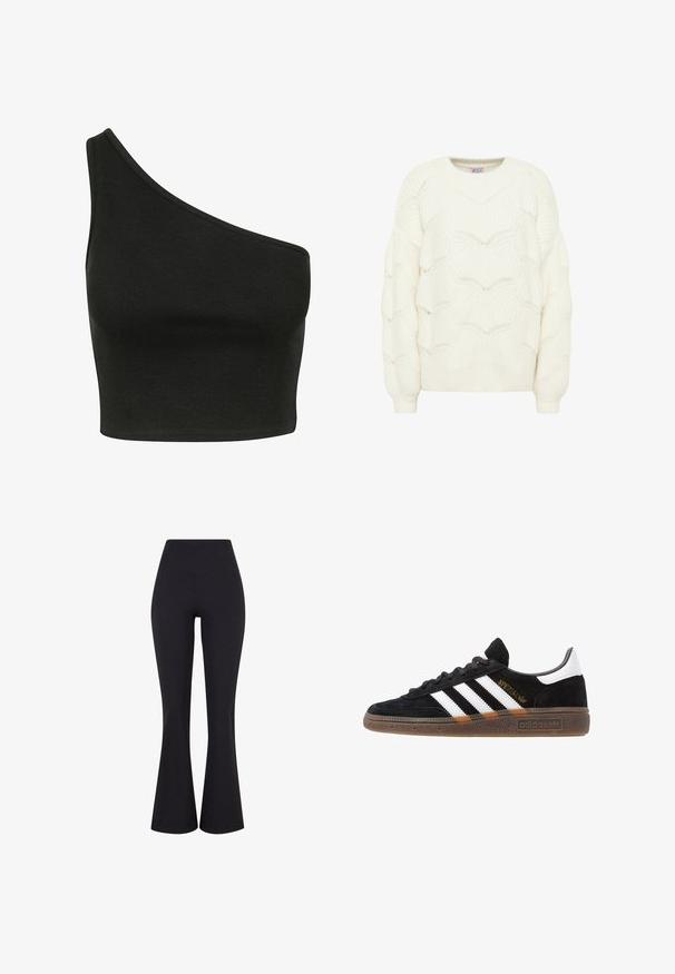 Crème-kleurige gebreide trui met een textuur van golven. Voorzien van een ronde halslijn en lange mouwen met ribgebreide manchetten.; Zwarte geribbelde crop top met een asymmetrisch ontwerp met één schouder. De stof lijkt zacht met een gladde textuur en een aansluitende silhouet.; Zwarte, high-waisted flare broeken gemaakt van rekbare stof. Heeft een gladde textuur en een aansluitende silhouet bij de heupen.; Zwarte Adidas sneaker met witte strepen, gouden "Spezial" tekst, gumzool en witte hieltab, weergegeven in zijaanzicht.