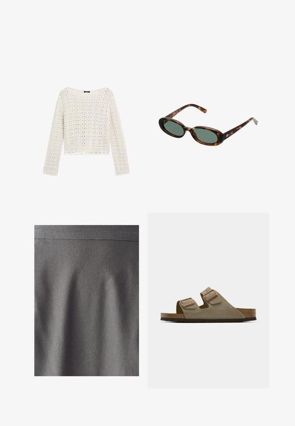 Gehaakte trui in crème met een losse pasvorm, lange mouwen en een golvende zoom. Bevat opengewerkte patronen voor een ademende textuur.; Grijze stof met een gladde, uniforme textuur. Subtiele glans accentueert de strakke lijnen en vouwen, wat wijst op een gestructureerd ontwerp. Geen zichtbare patronen of afdrukken.; Licht taupe suede sandaal met twee verstelbare banden en roségouden hardware. Kurken voetbed op een gestructureerde bruine zool. Open teen ontwerp.; schildpadbril met ovale monturen en groene lenzen. Heeft dunne spijlen met een metalen accent nabij de scharnieren.