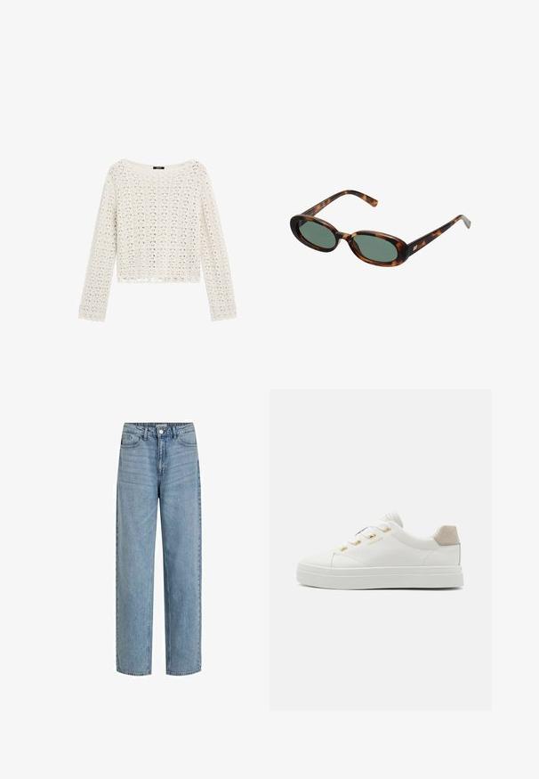 Häkelpullover in Creme mit lockerer Passform, langen Ärmeln und gewelltem Saum. Verfügt über offene Gewebemuster für eine atmungsaktive Textur.; Helleblaue, hochgeschnittene Jeans aus Denim. Mit geraden Beinen, fünf Taschen und einem Frontknopfverschluss.; Weißer Sneaker mit Obermaterial aus Leder, runder Zehenpartie, Goldakzenten und Akzent aus Wildleder an der Ferse. Ausgestattet mit flachen Schnürsenkeln und rutschfester Gummisohle.; Schildpatt-Sonnenbrille mit ovalen Rahmen und grünen Gläsern. Verfügt über dünne Bügel mit einem metallischen Akzent in der Nähe der Scharniere.