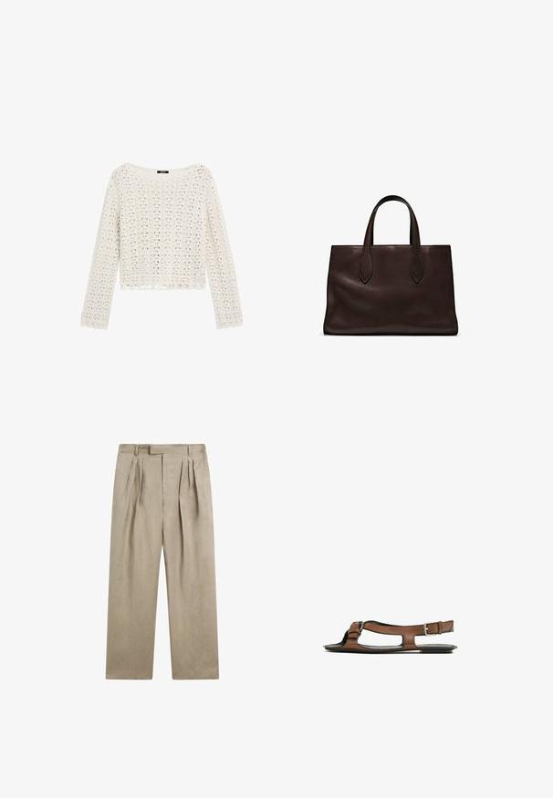 Maglione lavorato all'uncinetto color crema, con una vestibilità ampia, maniche lunghe e orlo a scallop. Presenta motivi a tessitura aperta per una texture traspirante.; Pantaloni di lino beige con una vestibilità morbida, caratterizzati da doppie pieghe frontali, una vita piatta e gambe dritte. Tessuto liscio, design minimalista.; Sandal in pelle marrone con punta aperta e ritagli laterali. Presenta una fascia alla caviglia con una fibbia metallica e una suola piatta.; Borsa a spalla in pelle marrone con due manici lunghi, forma rettangolare strutturata, texture liscia e dettagli di cucitura sottili.