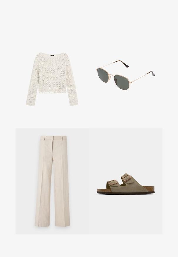 Sweter wydziergany na szydełku w kolorze kremowym, o luźnym kroju, długich rękawach i falbaniastym wykończeniu. Posiada otwarte wzory, które zapewniają przewiewną teksturę.; Beżowe spodnie o szerokich nogawkach z lekkiego materiału, charakteryzujące się gładką fakturą i prostymi plisami z przodu. Pas jest dopasowany z pętelkami na pasek.; Jasnoszare zamszowe sandały z dwoma regulowanymi paskami i różowo-złotymi detalami. Korkowa wkładka na teksturowanej brązowej podeszwie. Otwarty czubek.; Złote okulary przeciwsłoneczne w stylu aviatora z ciemnozielonymi soczewkami, z wąskimi ramionami i akcentami w panterkę na końcach.