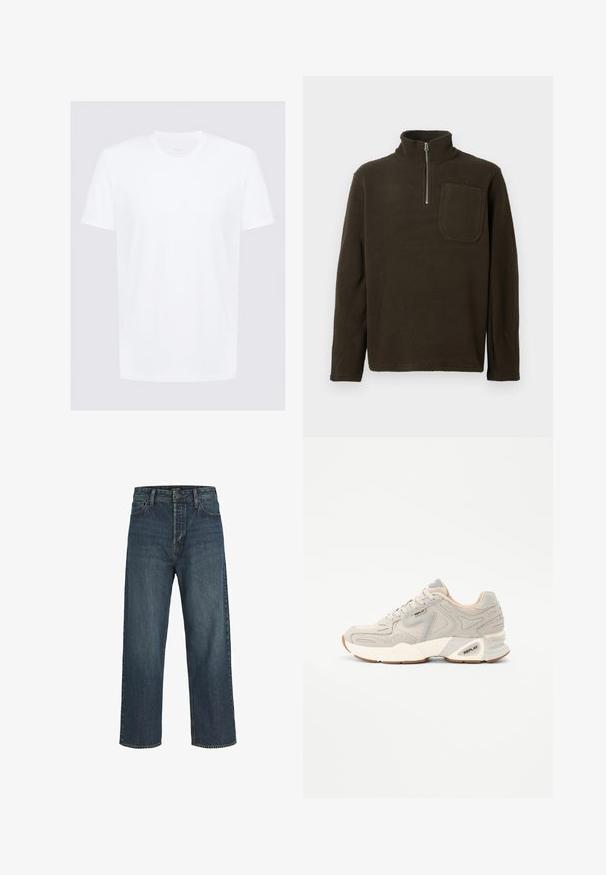 Bruine fleece pullover met een hoge kraag, halve rits en een borstzak. Zachte textuur en een relaxte pasvorm, met lange mouwen.; Witte T-shirt met korte mouwen gemaakt van gladde katoen met een ronde hals; minimalistisch ontwerp, met schone lijnen en geen zichtbare patronen.; Donkerblauwe denim jeans met een hoge taille, wijde pijpen, subtiele vervaging en klassieke vijf-pocketstijl. Voorzijde met knoop- en ritssluiting.; Beige trainingsschoen met bovenwerk van mesh en synthetisch materiaal, goed gevoerde zool, gevoerd kraag en subtiele logo-detailing. Rubberen buitenzool voor grip.