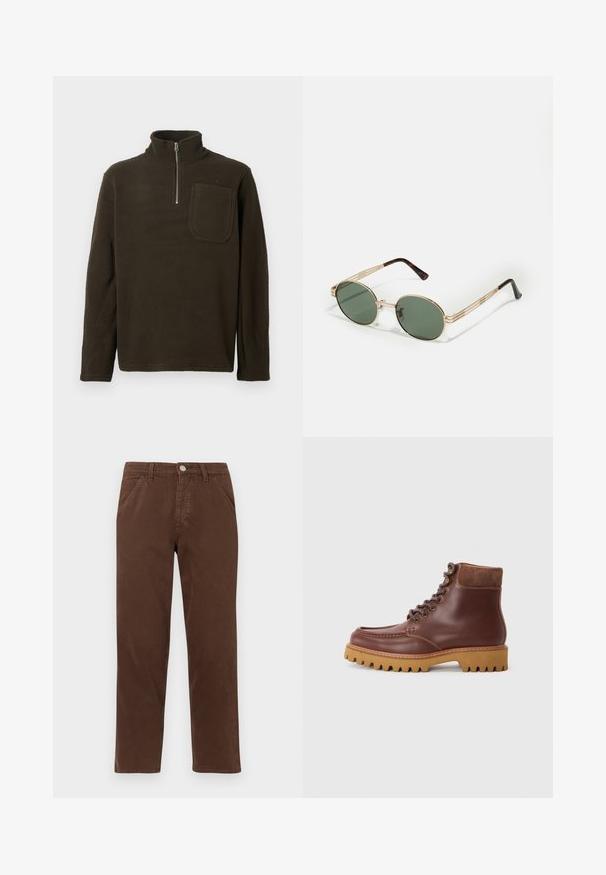 Ruskoharmaa fleece-pullove, jossa on korkea kaulus, puolipitkä vetskari ja rintatasku. Pehmeä rakenne ja rento malli, pitkähihaiset.; Ruske puuvillahousut suoran lahkeen, etutaskujen ja metallinappisuljin kanssa. Ominaisuudet sileä tekstuuri ja minimaalinen muotoilu.; Ruske nahke škornje do gležnjev z zamšastimi detajli, okroglo stopalo in teksturirano gumijasto podplat. Opremljeni so z metalnimi šivi in ravnimi vezalkami.; Pyöreät aurinkolasit, joissa on vihreät linssit, kultainen metallikehys, pitkäkaulaiset sangan osat ja kilpikonnakuosinen korvakiinnitys.