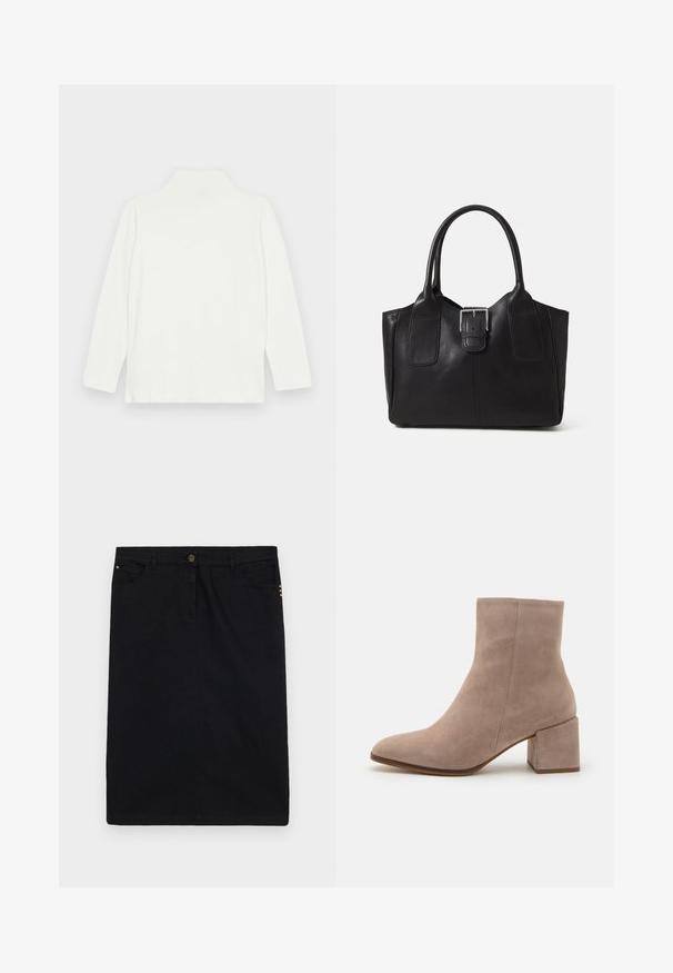 Bílé dlouhé rukávy rolák s hladkou texturou a uvolněným střihem, s vysokým stojáčkem a rovním lemem. Bez viditelných vzorů nebo akcentů.; Černá džínová sukně s rovný střih, se zapínáním na knoflíky a zip na přední straně, pěti kapsami a zlatými kovovými detaily na straně.; Beige semišové ankle boty s špičatou špičkou a robustním čtvercovým podpatkem. Povrch je hladký s jemnou strukturou a minimálními detaily.; Černá kožená tote taška s hladkým povrchem, strukturovaným tvarem, dvěma uchy a výrazným stříbrným detailem s přezkou na přední straně.