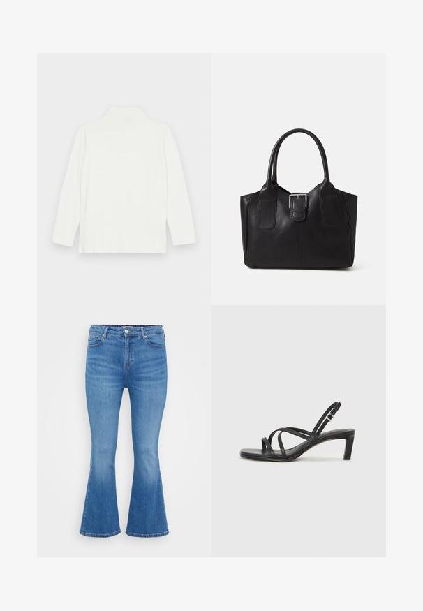 Hvit langermet genser med høy hals og avslappet passform, laget av et glatt materiale med rett kant. Uten synlige mønstre eller detaljer.; Lys blå denim flared jeans med høy midje, fem lommer og en klassisk knappelukking. Glatt tekstur med subtil blekning.; Sorte sandaler med stropper, firkantet tå og lav blokk hæl. Har flere tynne stropper og en justerbar ankelstropp. Laget av glatt lær.; Svart skinn toteveske med jevn tekstur, strukturert form, to håndtak og en fremtredende sølvspenne foran.