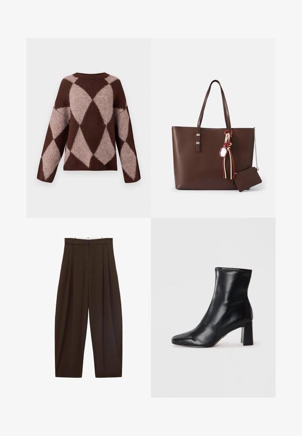 Bruine en lichtbeige gebreide trui met een ruitpatroon, met lange mouwen en een ronde halslijn, gemaakt van een zachte, textuurrijke stof.; Langetermijnblouse van donkerbruin gekreukt stof. Heeft een hoge kraag met een strikdetail en manchetrokken mouwen. Gladd, lichtgewicht textuur.; Bruine high-waisted broek met plooien, gemaakt van soepel materiaal. Loose fit, rechte pijpen, met riemlussen en een ritsluiting.; Zwarte leren enkelboot met een spitse neus en een gestructureerde blokhak. Gladde textuur met een slank, minimalistisch ontwerp.; Bruine leren tote bag met twee handvatten, zilveren hardware details, decoratieve kwasten en een kleine bijpassende ritsportemonnee eraan bevestigd.