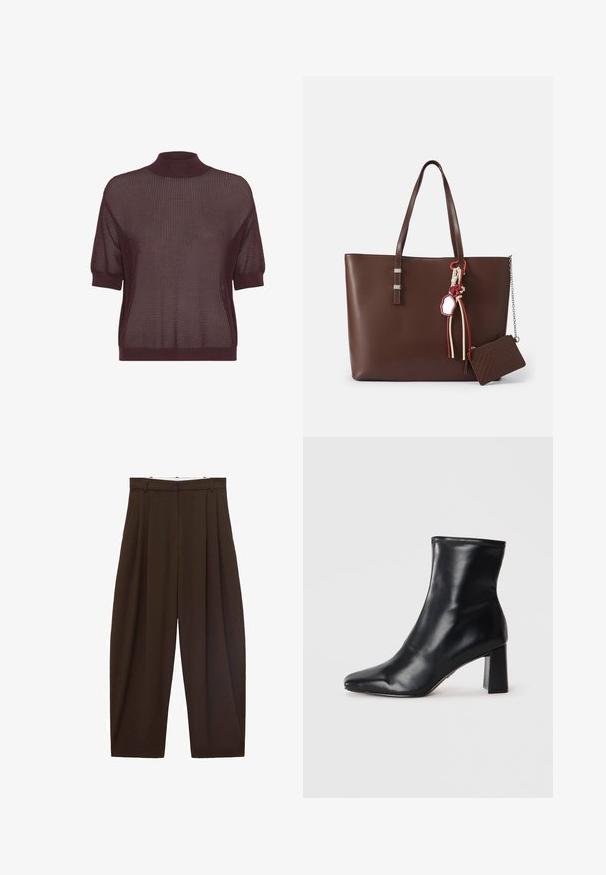 Brun og lys beige strikket sweater med et diamantmønster, der har lange ærmer og en rund halsudskæring, lavet af et blødt, struktureret stof.; Kortærmet, højhalset top i dyb bordeaux strikket stof med et tekstureret, åbent vævemønster og ribbet kant og manchetter.; Brune højtaljede bukser med folder, lavet af glat stof. Løs pasform, straight leg design, med bæltestropper og lynlås.; Sorte læder ankelstøvler med spids tå og struktureret blokhæl. Glat tekstur med et strømlinet, minimalistisk design.; Brun læder tote taske med to stropper, sølv hardware detaljer, dekorative kvaster og en lille matchende lynlåsbortegnelse vedhæftet.