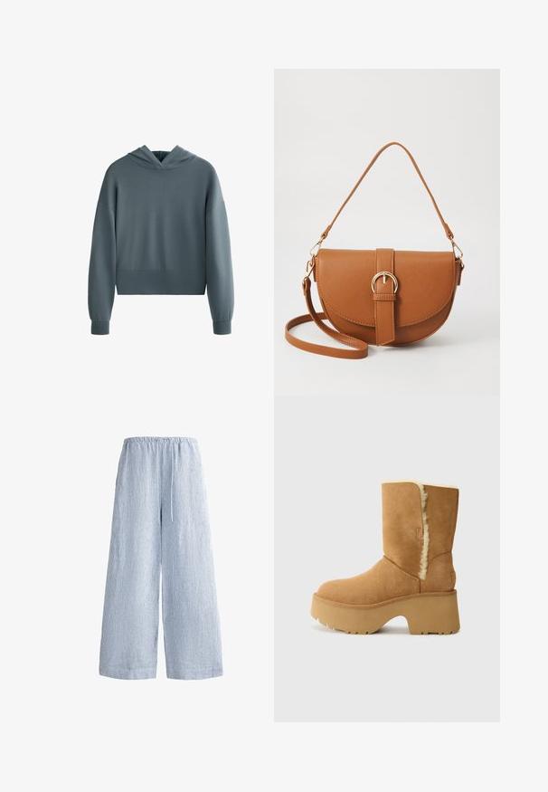 Mikina s kapucí z jemné, tlumené modré látky. Má zkrácený střih, široké rukávy a čistý, minimalistický vzhled.; Světle modré pruhované široké kalhoty s elastickým pasem a šňůrkou na stažení. Měkká tkanina s volným střihem, určené pro pohodlí.; UGG NEW HEIGHTS CUFF - Zimní obuv - chestnut; Hnědá kožená křížová taška s zakřiveným tvarem, zlatými detaily a akcentem s přezkou. Obsahuje odnímatelný popruh na rameno.