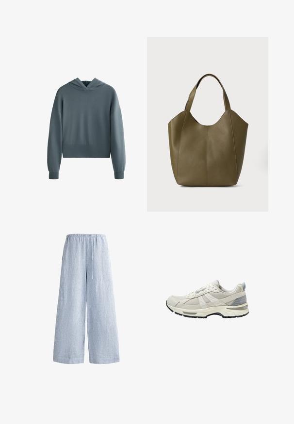 Hanorac cu glugă din țesătură moale, de culoare albastru deschis. Prezintă un design scurtat, mâneci largi și un finisaj curat, minimalist.; Pantaloni lungi, cu dungi, de culoare albastru deschis, cu talie elastică și șnur. Material moale, cu o croială largă, destinat confortului.; Pantof sportiv bej cu partea superioară din plasă texturată și accente netede. Dispune de o talpă amortizată, vârf întărit și talpă exterioară din cauciuc negru.; Geantă tote din piele verde măslinie cu două mânere, textură netedă și design din patru panouri. Cusături întărite pe margini pentru durabilitate.