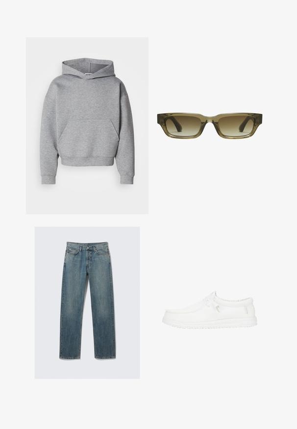 Grauer, kurz geschnittener Hoodie aus weichem Material mit einer Fronttasche, weiten Ärmeln und einer klassischen Kapuze mit Kordelzug.; Blaue gerade geschnittene Denim-Jeans mit Vorder- und Münztaschen, Gürtelschlaufen und einem metallischen Knopfverschluss auf einem schlichten Hintergrund.; Weiße Slipper aus strukturiertem Mesh mit flexibler Sohle, minimaler Schnürung und einem weichen Kragen für Komfort.; Braune Gradient-Sonnenbrille mit rechteckiger Form, dicken, klobigen Rahmen und schwarzen Bügeln. Das transparente braune Material verleiht Dimension.