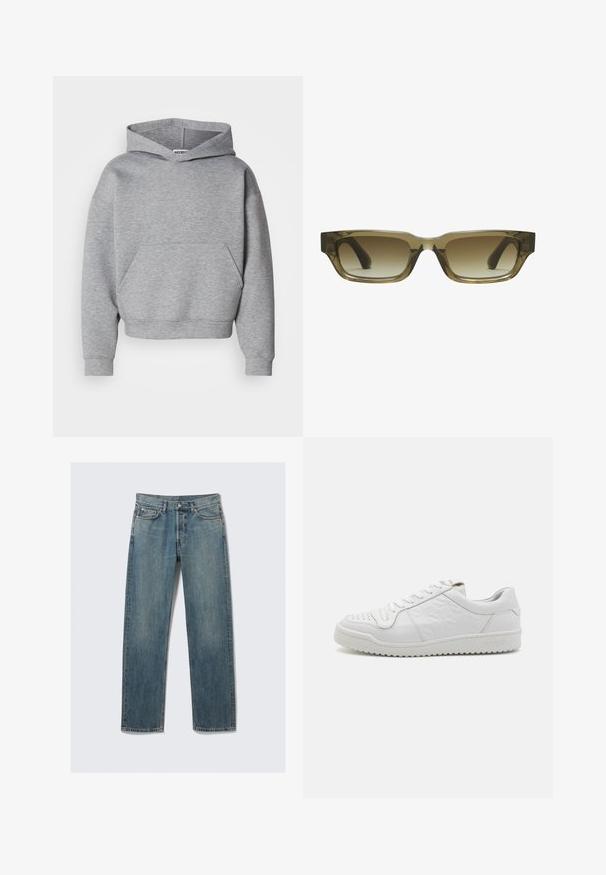 Siva skraćena dukserica od mekanog materijala ima prednji džep, široke rukave i klasičnu kapuljaču s vezicom.; Plave traperice ravnog kroja s prednjim i džepom za novčiće, petljama za remen i metalnim zatvaranjem na jednostavnoj pozadini.; Bijele kožne tenisice s teksturiranim bočnim panelom i perforiranim vrhom, s ravnim vezicama i podignutom gumiranom potplatom. Ime marke "SANDRO" ušuškano na peti.; Smeđi gradienti sunčane naočale s pravokutnim oblikom, debelim okvirima i crnim ručkama. Transparentni smeđi materijal dodaje dimenziju.