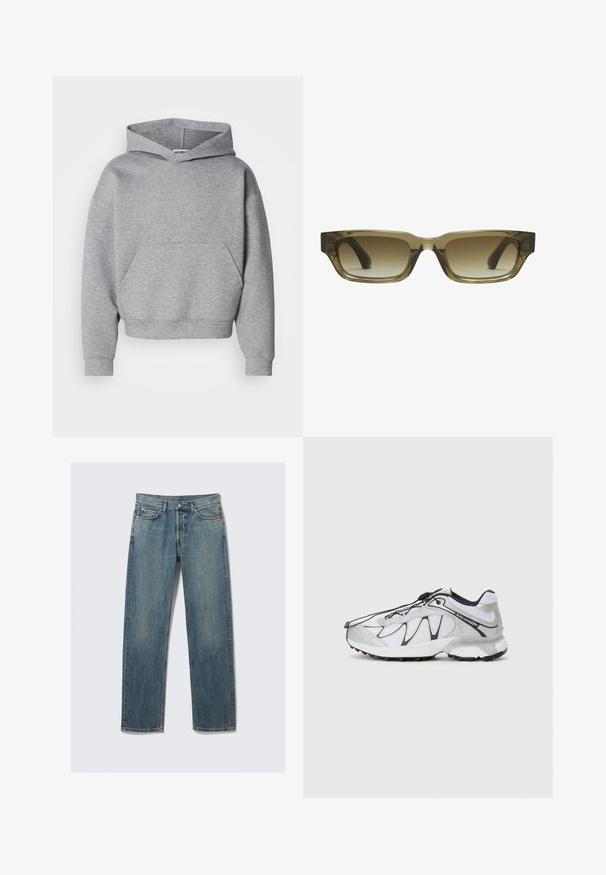 Hanorac scurt gri, fabricat din material moale, cu un buzunar frontal, mâneci late și un glugă clasică cu șnur.; Jeans din denim drept, de culoare albastră, cu buzunare frontale și pentru monede, curea, și închidere cu buton metalic, pe un fundal simplu.; Pantofi sport albi cu suprafață din plasă, accente negre, talpă din cauciuc texturat și sistem de șireturi elastice. Ușori, cu un design modern.; Ochelari de soare cu un gradient maroniu, cu o formă rectangulară, rame groase și robuste, și tâmple negre. Materialul transparent de culoare marron adaugă profunzime.