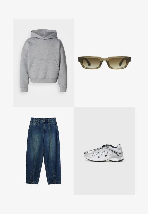 Harmaa lyhyt huppari, joka on valmistettu pehmeästä materiaalista, sisältää etutaskun, leveät hihat ja klassisen nyörin hupun.; Farkkushousut, joissa on klassinen sininen pesu, korkea vyötärö, rento malli, etu- ja takataskut sekä nappikiinnitys vyötäröllä.; Valkoiset urheilukengät, joissa on verkkopäällinen, mustat korostukset, teksturoitu kumipohja ja joustava nauhajärjestelmä. Kevyet ja modernin muotoilun omaavat.; Ruske sävyt gradientoivat aurinkolasit, joissa on suorakulmainen muoto, paksut roverohkeat kehykset ja mustat jalat. Läpinäkyvä ruskea materiaali tuo syvyyttä.