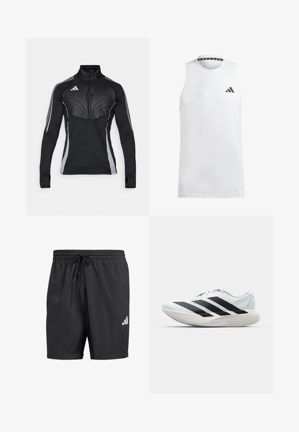 Melnā sporta pulvers ar rāvējslēdzēja apkakli, ar iešūtu augšējo paneli, pelēku sānu svītru un pirkstu caurumiem piedurkņos labākai saķerei.; Balts bez Piedurknēm sporta topiņš, izgatavots no gludas auduma. Tam ir melns logo kreisajā krūtī un rakstains melns apkakles malā.; Melni sporta šorti, kas izgatavoti no viegla auduma, ar elastīgu jostasvietu un šņorējamu kakla daļu, kā arī ar baltu Adidas logo apakšējā labajā pusē.; Gaiši zili vieglie skriešanas apavi ar melniem svītrainiem. Iezīmēti ar gludu augšpusi, apaļu purngalu un biezāko balto vidējo zoli, kurā ir uzraksts "LIGHTSTRIKE PRO."