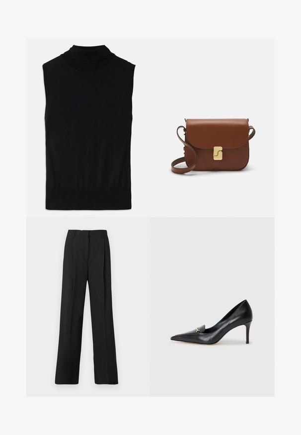 Zwarte mouwloze turtleneck gebreide top met ribbels aan de onderkant en kraag, plat gelegd op een witte achtergrond.; Zwarte broek met streepmotief en een relaxte pasvorm, met een vlakke voorkant, twee zijzakken en een soepele stofstructuur.; Zwarte leren pump met een spitse neus, lage vamp en een decoratieve gouden accent. Voorzien van een stilettohak en een gladde textuur.; Bruine leren handtas met een klep sluiting, gouden hardware, een schouderband en een gladde textuur. Compact rechthoekige vorm.