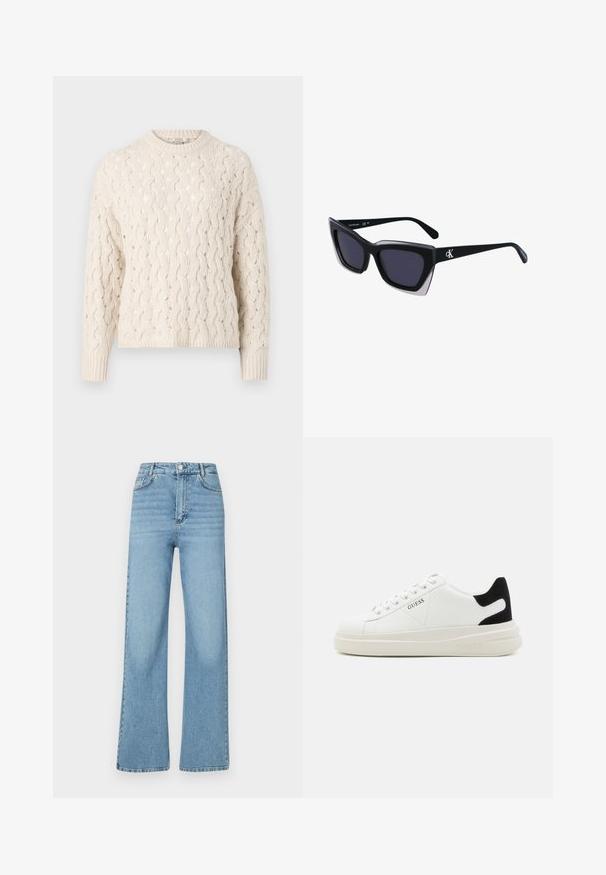Paksu kerma värinen palmikkoneulevillapaita, jossa on pyöreä pääntie, pitkät hihat ja ribbikuviointi, joka tuo esiin tekstuurin koko vaatteessa.; Vaaleansiniset hieman leveät farkut, jotka on valmistettu denimistä. Sisältää viisi taskua, etupainikkeen kiinnityksen ja puhtaan, koristelemattoman muotoilun.; Valkoiset nahkakengät paksulla valkoisella pohjalla, mustalla mokkanahkaosuudella kannassa ja kohokuvioitu logo sivulla. Nauhakeskitys kuudella reiällä.; Mustat ylisuuret aurinkolasit, joissa on geometrinen muoto, tummat linssit ja kehykseen erottuva harmaa yksityiskohta. Logo varressa.; Ruskea olkalaukku, joka on valmistettu teksturoidusta materiaalista, jolla on ryppyinen ulkonäkö. Sisältää lyhyet kahvat, pitkän säädettävän hihnan ja logotagin.; Hopeiset korvarenkaat, joissa on sileä ja kiiltävä pinta, kaareva muoto ja piikkikiinnitys. Minimalistinen muotoilu modernilla viimeistelyllä.