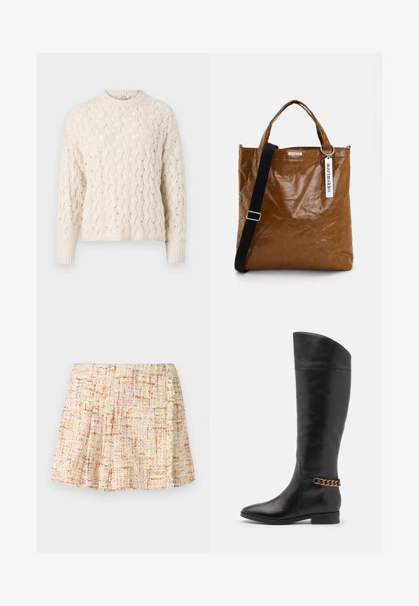 Paksemärgid ja kudumiskummilt teket ümar kaelus, pikad varrukad ning ribakudumine, millel on tekstuuriga muster. ; Lühike plisseeritud seelik, mis on tehtud tekstuuriga riidest neutraalsetes toonides, millel on õrnad värvilised täpid. Küljel on fringiäär.; Kõrged mustad nahast saapad, millel on stiilne disain, terav nina ja kuldne kett aktsent pahkluul. Madal plokk-konts. Sile tekstuur.; Pruun kantimine kott, mis on valmistatud tekstuurilisest materjalist ja millel on kortsus välimus. Omab lühikesi käepidemeid, pika reguleeritava rihma ja logo sildi.; Hõbedast rõngaskõrvarõngad sileda ja läikiva pinnaga, kõveriku kujuga ning postitaksega sulgur. Minimalistlik disain kaasaegse viimistlusega.