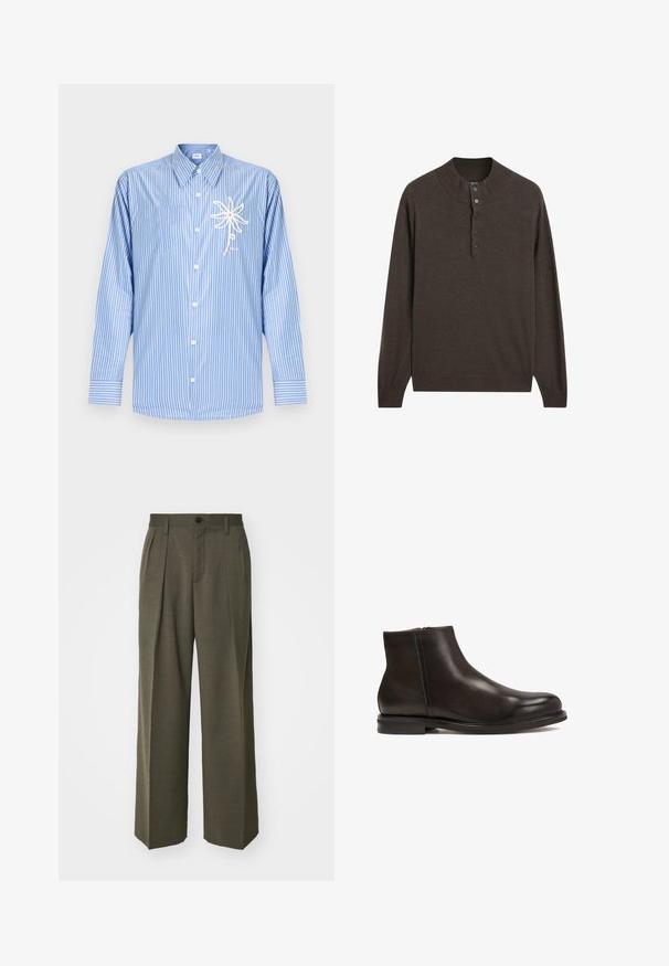 Brauner Langarm-Pullover mit hohem Kragen und einer Knopfleiste mit drei Knöpfen. Aus weichem Stoff gefertigt, zeichnet er sich durch eine glatte Textur und gerippte Bündchen aus.; Blau-weiß gestreiftes langärmeliges Hemd mit Knöpfen und einem weißen Seilblumendesign auf der linken Brusttasche.; Filippa K WIDE TROUSERS - Stoffhose - driftwood; Schwarze Leder-Ankle-Boots mit glatter Textur, runder Zehenform und niedrigem Absatz. Verfügt über einen seitlichen Reißverschluss für einfaches An- und Ausziehen.