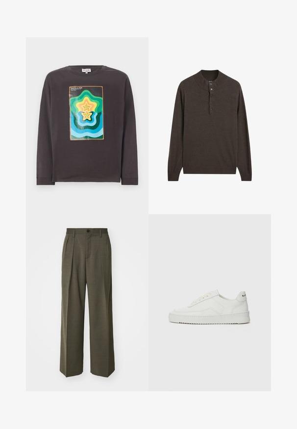 Brown long-sleeve pullover with a high collar and three-button placket. Made of soft fabric, it features a smooth texture and ribbed cuffs.; Dark gray long-sleeve t-shirt featuring a colorful geometric design with waves and stars in green, blue, yellow, and orange.; Filippa K WIDE TROUSERS - Trousers - driftwood; White leather sneaker with a smooth finish, round toe, flat laces, and a textured sole. Features a subtle logo on the heel.