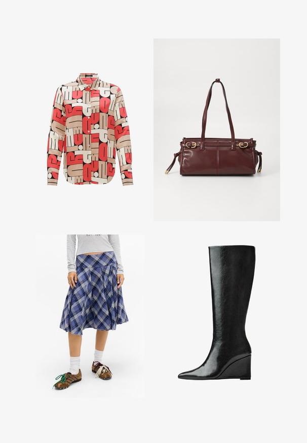 Black turtleneck sweater made of soft knit fabric, featuring long sleeves and a relaxed fit. Smooth texture with no visible patterns or accents.; Button-up shirt featuring a geometric pattern in red, cream, and black. Made of smooth fabric with a collar and long sleeves.; Blue plaid midi skirt with pleats, made from soft fabric. Paired with brown shoes featuring colorful laces and white socks.; Knee-high black leather boots with a sleek, pointed toe and a wedge heel. The surface is smooth with a glossy finish.; Burgundy leather handbag with two shoulder straps, gold-tone hardware, and a zip closure. Features a smooth texture and subtle stitching details.