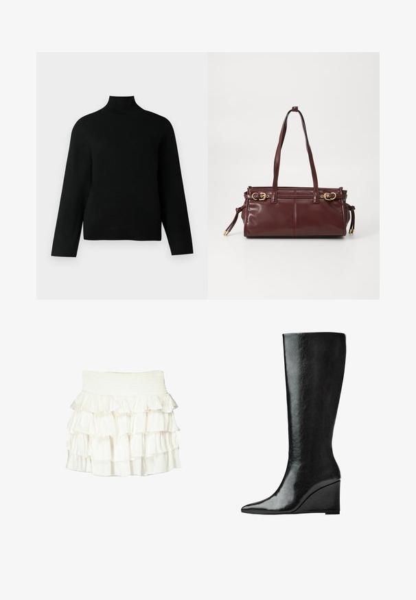 Black turtleneck sweater made of soft knit fabric, featuring long sleeves and a relaxed fit. Smooth texture with no visible patterns or accents.; White ruffled skirt with a smocked waist. Features layered, sheer fabric ruffles that create a textured, flowing appearance.; Knee-high black leather boots with a sleek, pointed toe and a wedge heel. The surface is smooth with a glossy finish.; Burgundy leather handbag with two shoulder straps, gold-tone hardware, and a zip closure. Features a smooth texture and subtle stitching details.