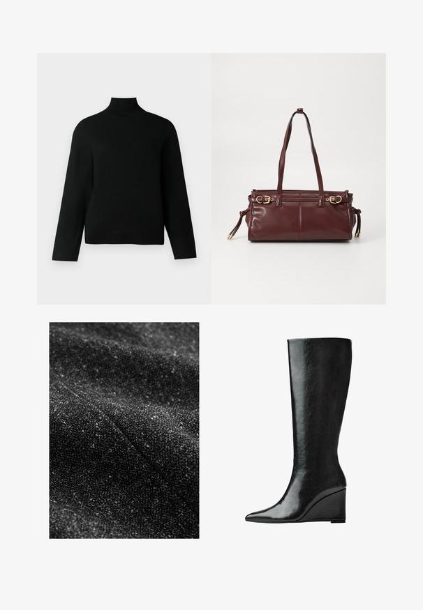 Czarny sweter z golfem, wykonany z miękkiej dzianiny, z długimi rękawami i luźnym krojem. Gładka faktura bez widocznych wzorów czy akcentów.; Czarna, teksturowana tkanina z wplecionymi jaśniejszymi plamkami, ukazująca miękki, wpleciony wygląd oraz subtelny, zróżnicowany wzór.; Czarne skórzane kozaki sięgające do kolan, z eleganckim, spiczastym noskiem i obcasem w kształcie klina. Powierzchnia jest gładka o błyszczącym wykończeniu.; Burgundowa skórzana torebka na ramię z dwoma paskami, złotym wykończeniem i zamknięciem na zamek. Posiada gładką teksturę i subtelne detale wyszycia.
