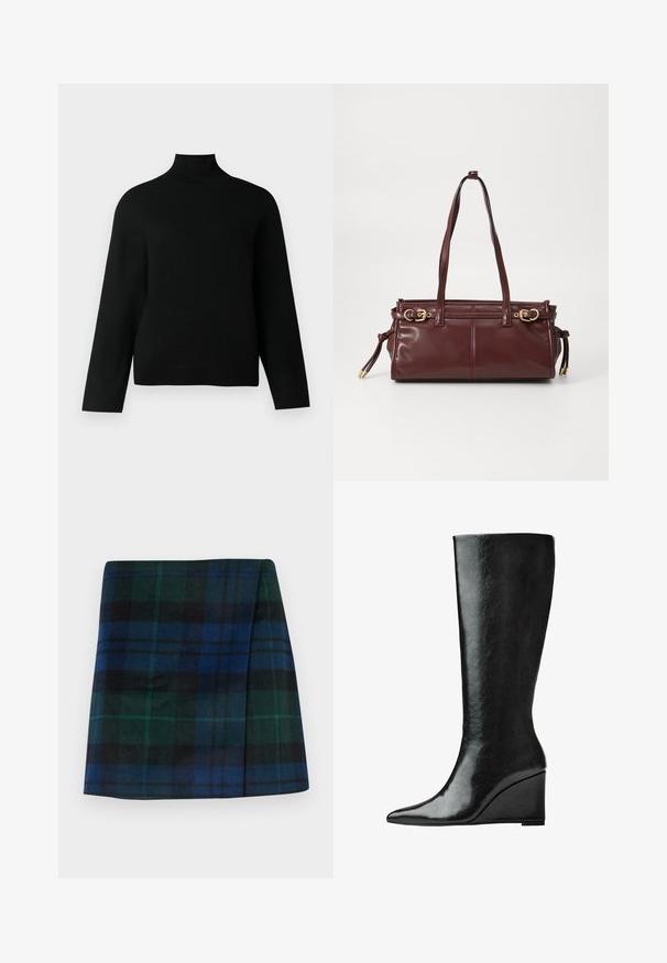 Črn pulover z visokim ovratnikom, izdelan iz mehke pletene tkanine, z dolgimi rokavi in sproščenim krojem. Gladka tekstura brez vidnih vzorcev ali dodatkov.; Karo krilo v temno zeleni, modri in črni barvi, s ravnim krojem in mehkim tekstilom ter strukturirano obliko.; Črne usnjene škornje do kolen s sleek, koničastim nosom in klinastim peto. Površina je gladka z sijočim slojem.; Burgundska usnjena torba z dvema naramnicama, zlato obdelanimi dodatki in zadrgo. Ima gladko teksturo in diskretne šive.