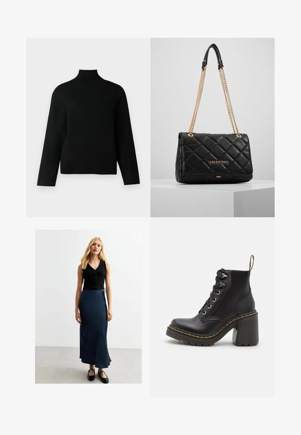 Zwarte coltrui van zacht breiwerk, met lange mouwen en een relaxte pasvorm. Gladde textuur zonder zichtbare patronen of accenten.; Zwarte geribbelde knoop Crop Top en een marineblauwe satijnen maxi-rok. De rok heeft een gladde glans en een uitlopende zoom, gecombineerd met zwarte platte schoenen.; Zwarte leren enkelboot met een dikke hoge hak, vetersluiting aan de voorkant, metalen oogjes en gele stiksels langs de zool. Getextureerde rubberen zool.; Zwarte gewatteerde leren handtas met een gouden kettingband en logo-detail. Rechthoekige vorm, zachte textuur, met een klep sluiting.